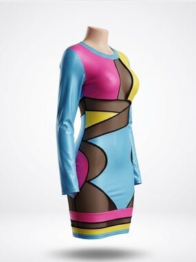 Colorblock Long-Sleeve Mini Dress in Blue, Pink & Yellow